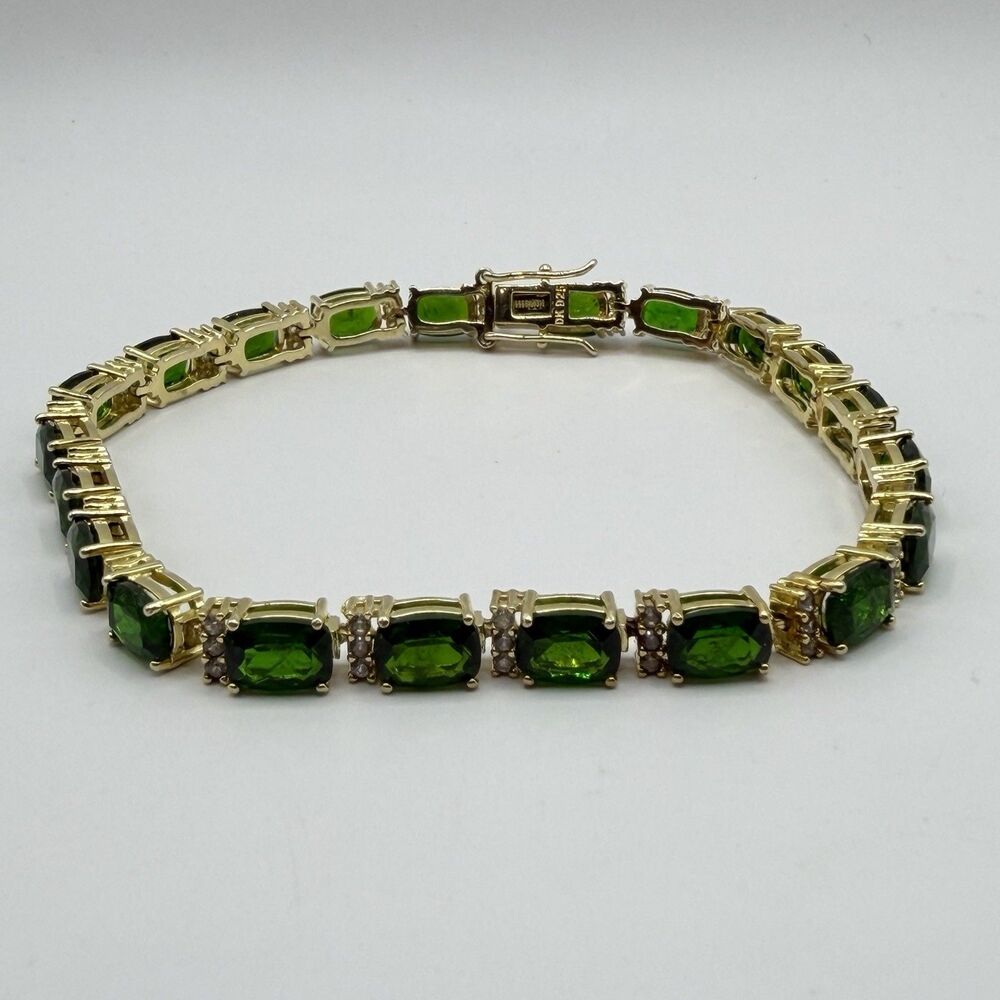 925 Sterling Silver Gold Tone Green Crystal Tennis Bracelet 8" 15.4g